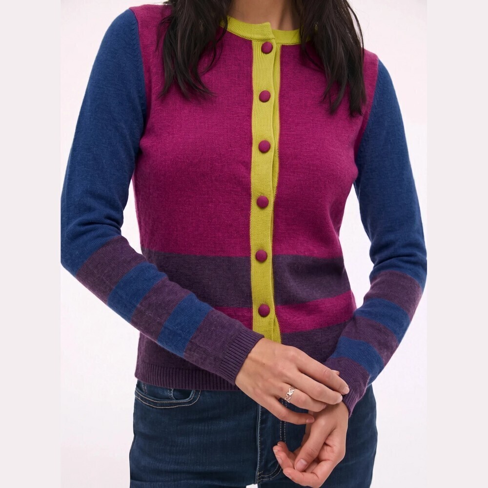 Hot Pink / Blue Colorblock Striped Collegiate Knit Button Front Cardigan